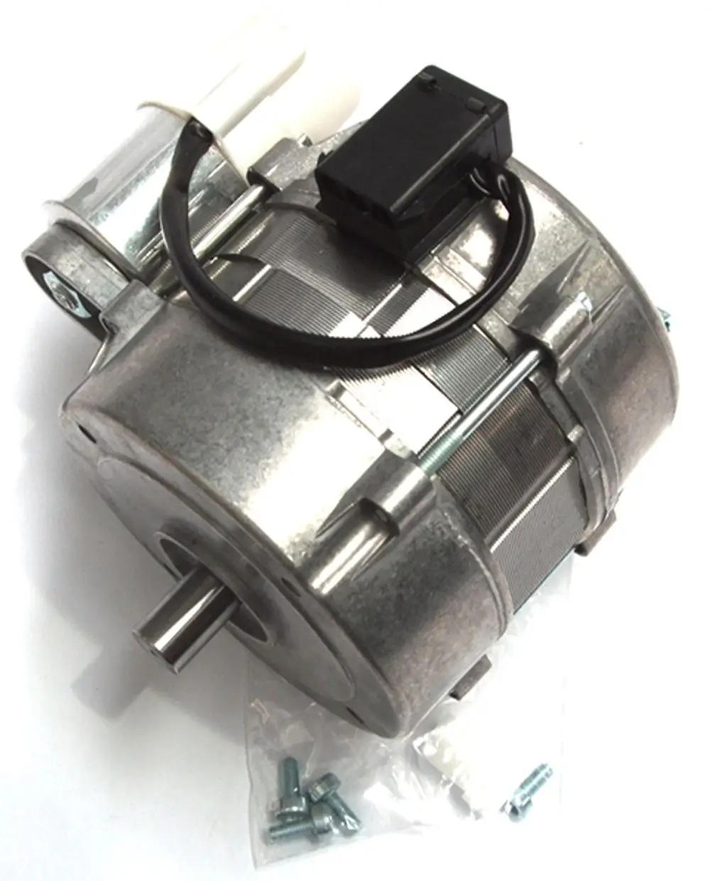 Daikin-Motor mit Kondensator, kompaktes metallisches Gehäuse, Anschlusskabel vorhanden, geeignet für Heizsysteme, liegend auf einer weißen Unterlage mit Montageschrauben.